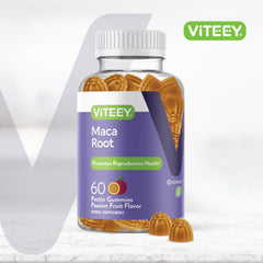 Viteey Black Maca Gummies bottle closeup highlights passion fruit flavor and chewy texture