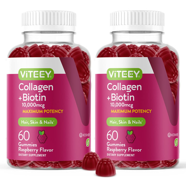 Viteey collagen gummies bottle for hair and nails support, raspberry flavor
