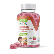 Viteey Kids Calcium Gummies bottle showing a tasty fruit flavor and convenience for daily use