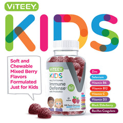 Close-up of Viteey gummies shows chewy texture and berry flavor kids enjoy.
