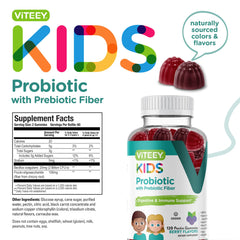 Viteey Kids Probiotic Gummies ingredients label highlights natural, vegan, kosher attributes.