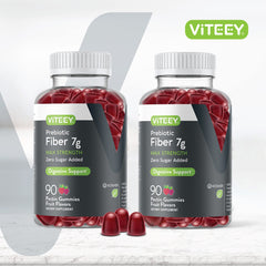 Viteey Prebiotic Fiber Gummies bottle back shows ingredients and vegan, gluten-free claims.