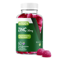 Viteey Zinc Gummies bottle front showing the berry-flavored supplement for daily immune support.