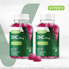 Viteey Zinc Gummies label close-up highlighting 50 mg per serving for immune support.