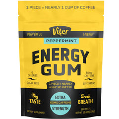 Viter Energy peppermint gum front view highlights portable energy for on-the-go use.