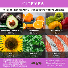 Viteyes AREDS 2 Omega-3 softgels daily-dose bottle label highlights nutrients