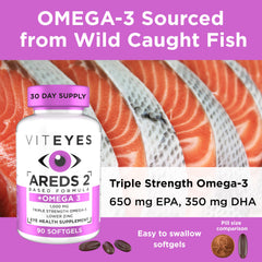 Viteyes AREDS 2 Omega-3 softgels ingredients panel emphasizes zinc-light formulation