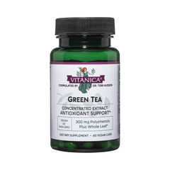Vitanica Green Tea Extract bottle showing 330 mg potency and vegan formula.