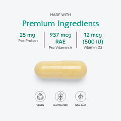Vitanica Vegan Symmetry ingredients panel with pea protein and vitamins