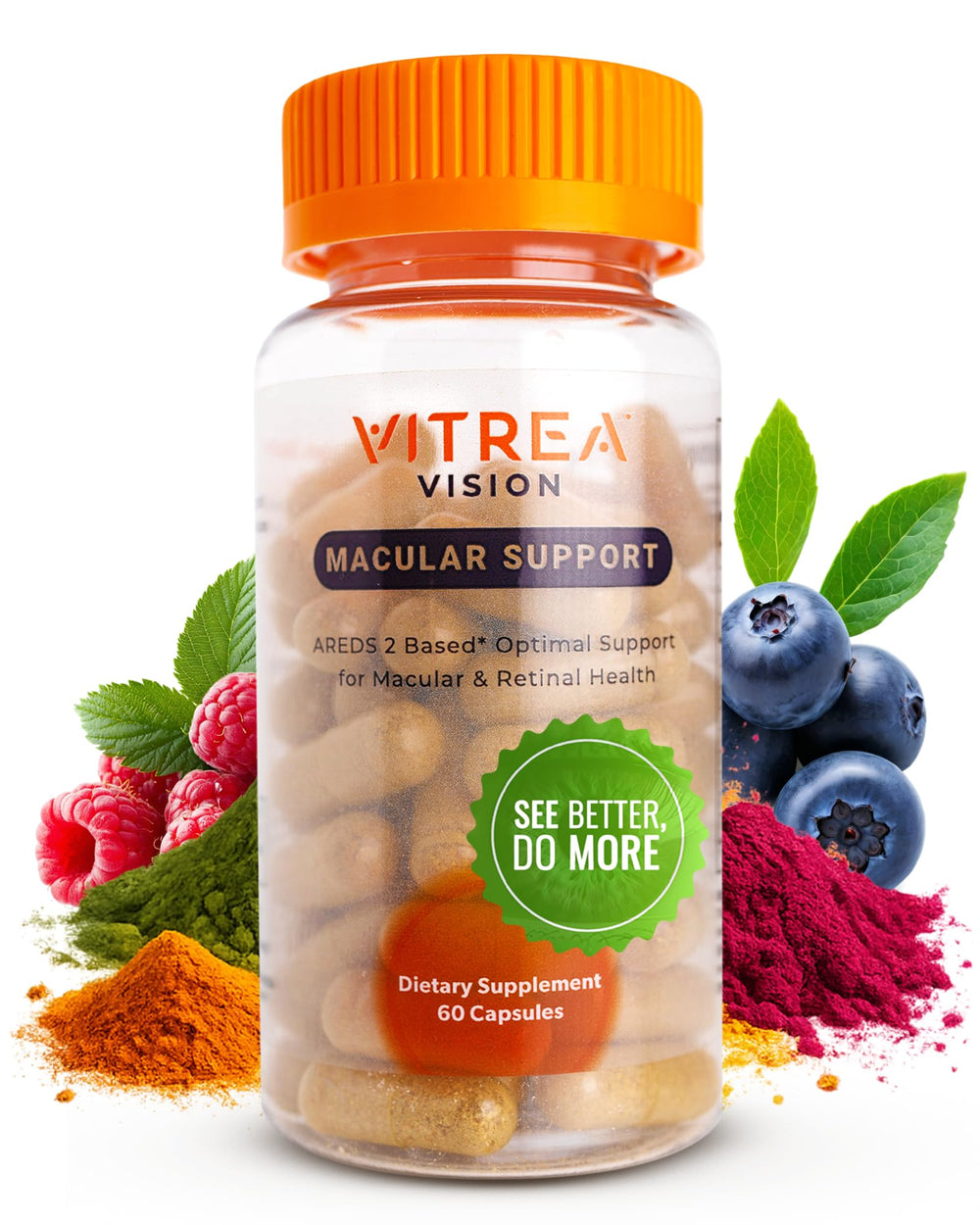 Vitrea Vision bottle front showing the macular support formula for daily eye health.