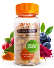 Vitrea Vision bottle front showing the macular support formula for daily eye health.