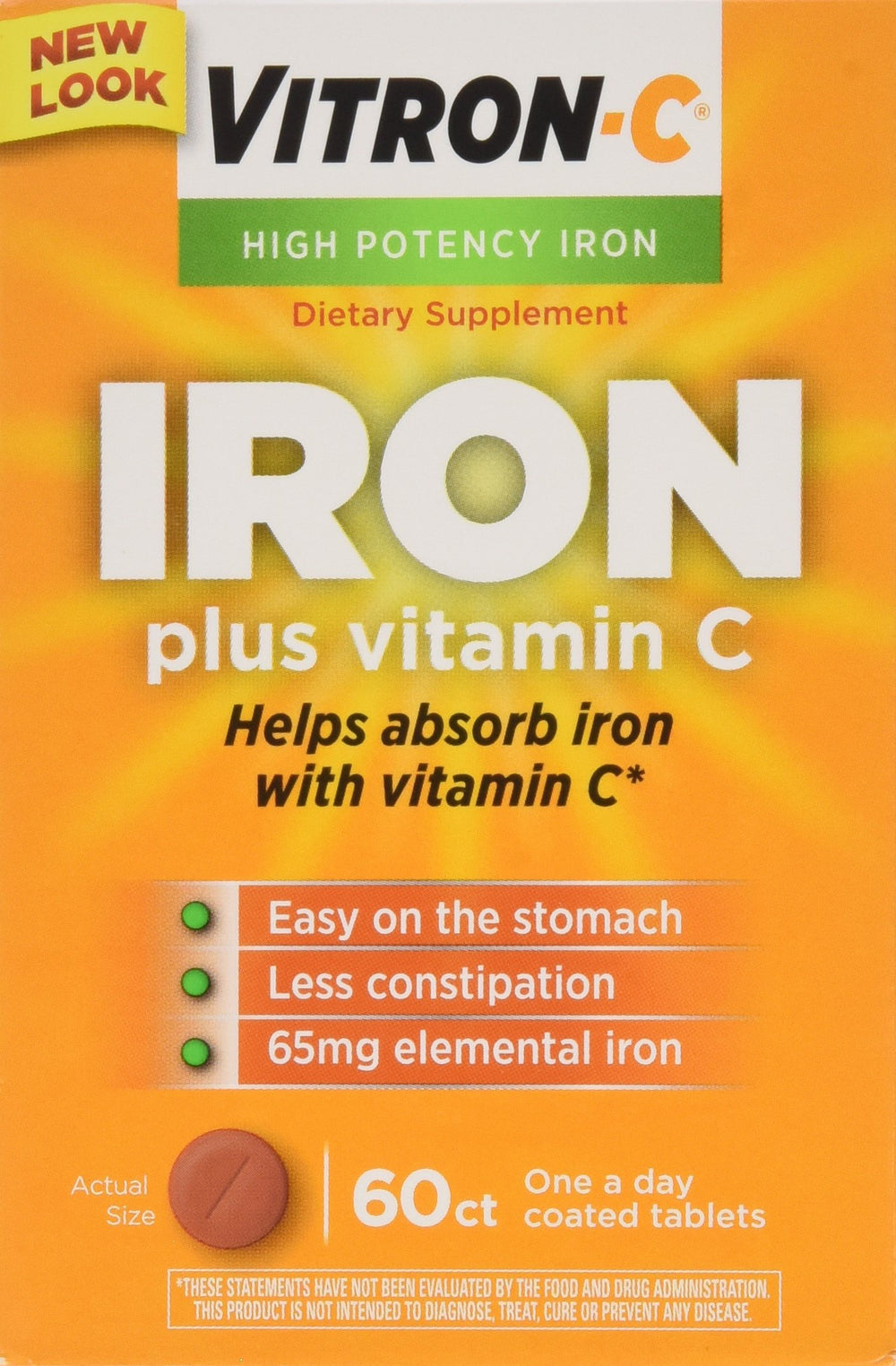 Vitron-C bottle front view showing high potency iron with vitamin C, easy on stomach.