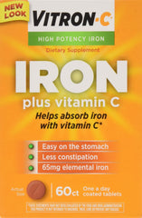 Vitron-C bottle front view showing high potency iron with vitamin C, easy on stomach.