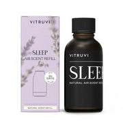 Vitruvi Sleep Scent Refill bottle closeup showing lavender, chamomile, and frankincense for calming bedtime scent.