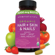 Viva Naturals Hair Skin Nails bottle with biotin-rich formula for keratin support.