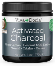Viva Doria Virgin Activated Charcoal Powder bottle close-up, showcasing coconut-derived charcoal for pure, versatile use.
