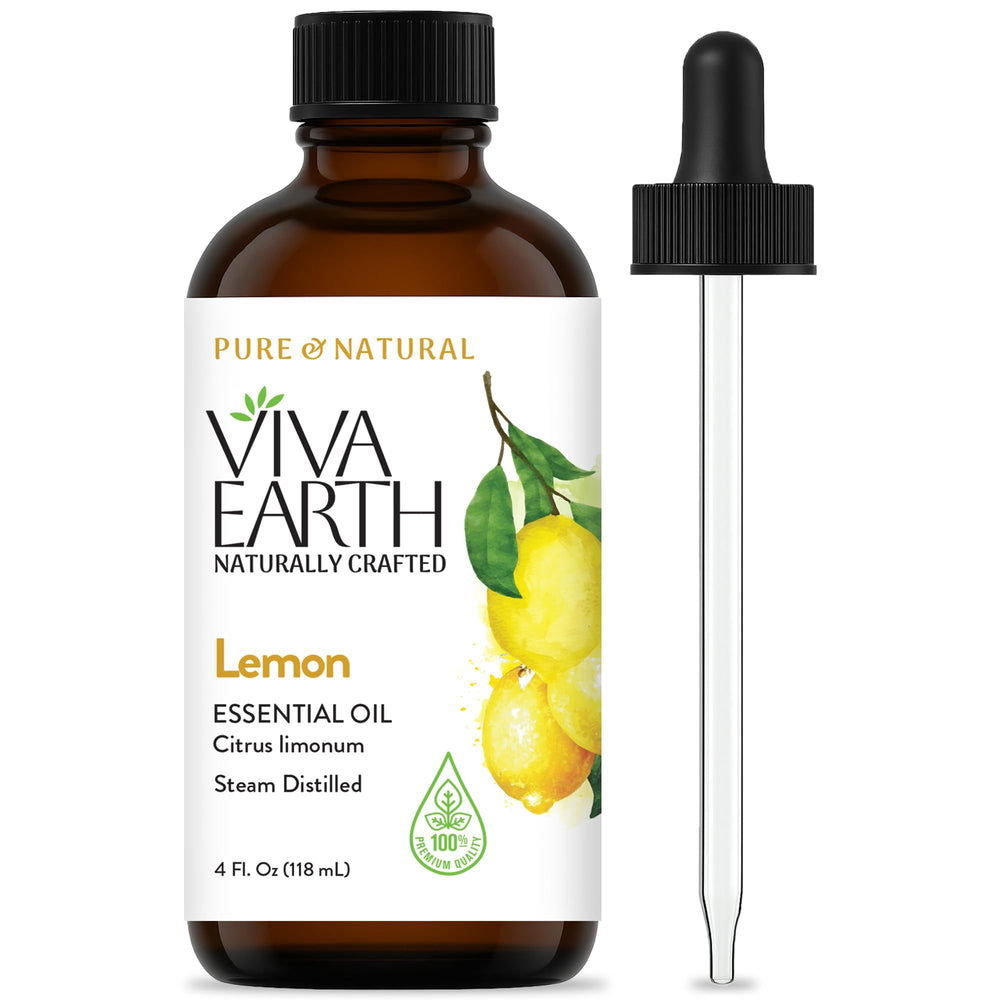 Viva Earth Lemon Essential Oil bottle with dropper for easy diffuser blends.