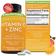 Viva Naturals vitamin C zinc bottle pour showing daily immune support formula