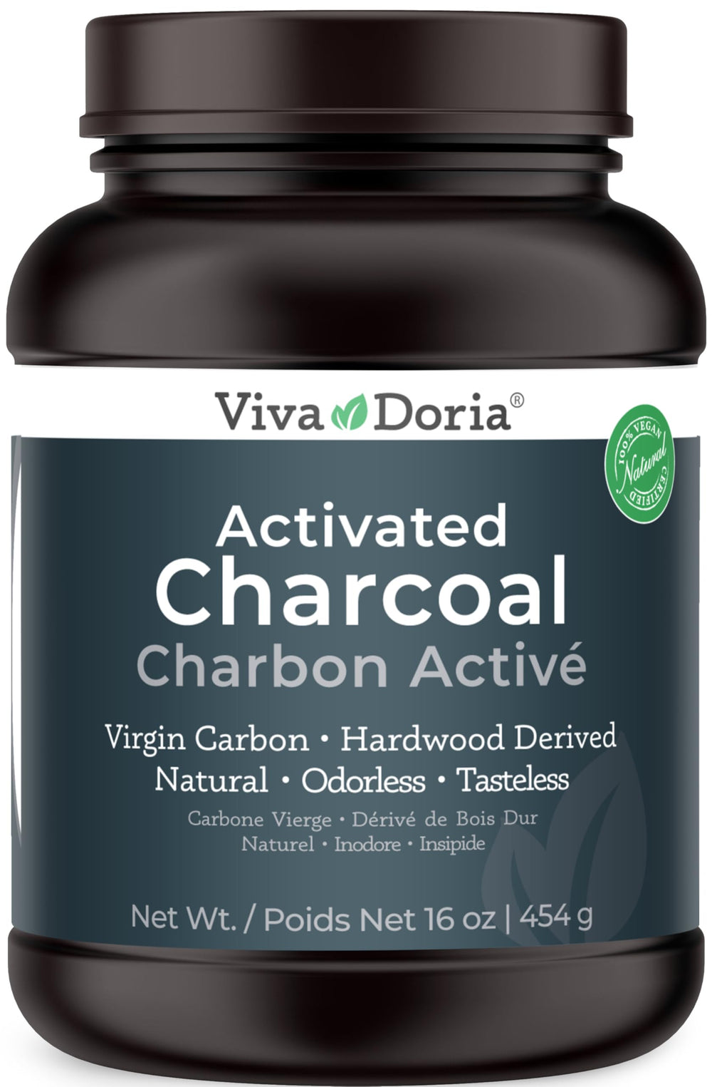 Viva Doria virgin activated charcoal powder in a jar for filtration and beauty prep.