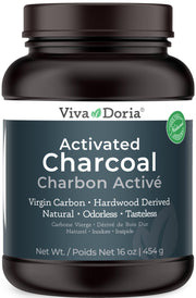 Viva Doria virgin activated charcoal powder in a jar for filtration and beauty prep.