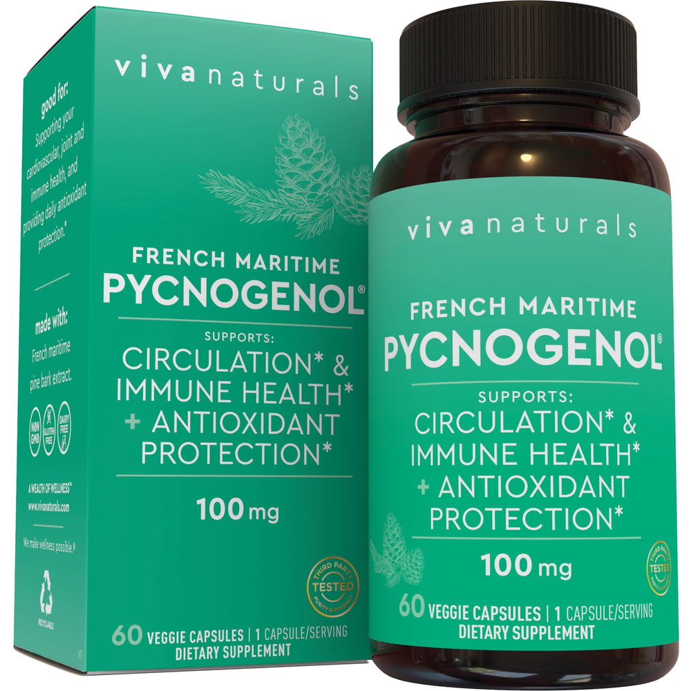 Viva Naturals Pycnogenol bottle front with capsules for potential circulation support