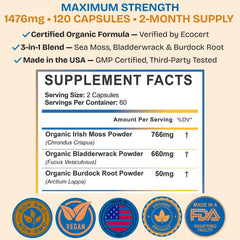 Vivanutra sea moss capsules label close-up highlighting organic ingredients.