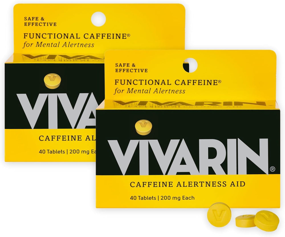 Vivarin bottle front view with pills for quick alertness
