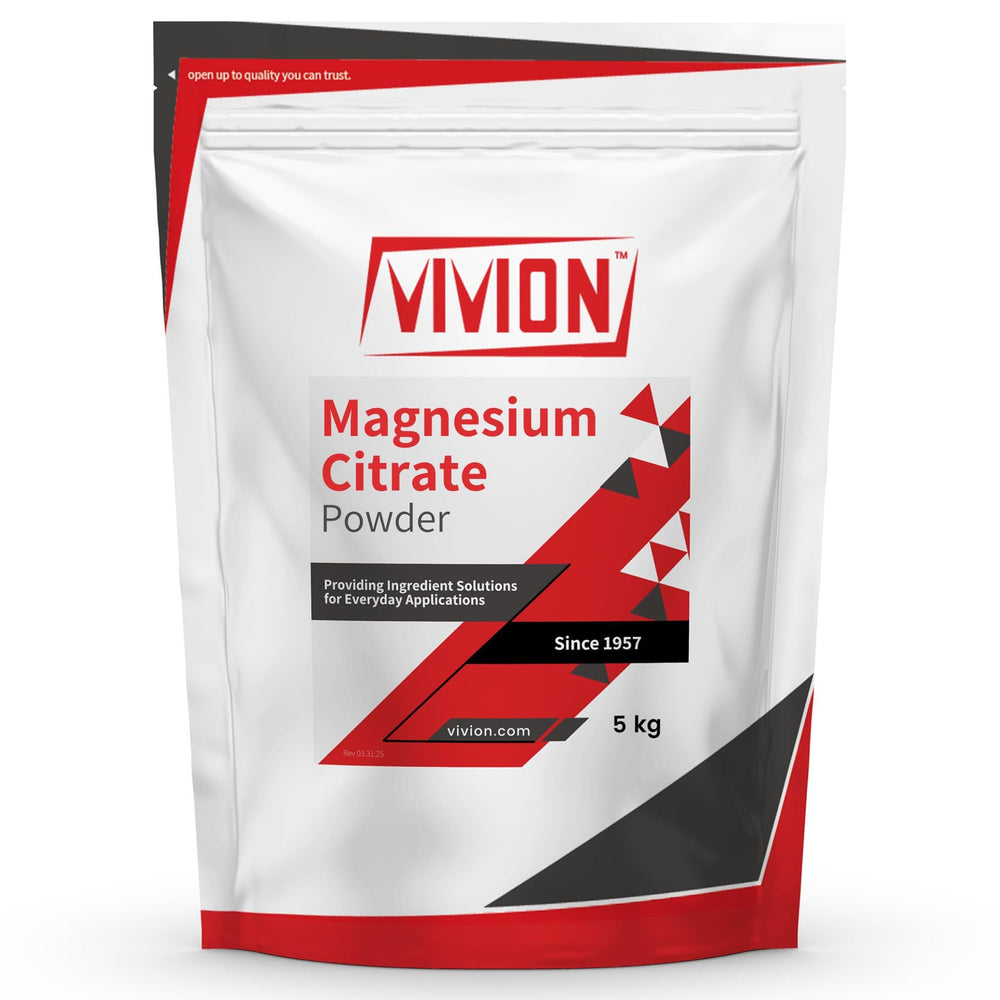 Vivion magnesium citrate powder bottle highlights bulk material suitable for manufacturers seeking reliable formulation inputs.