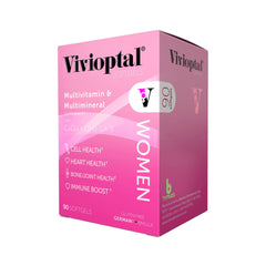 Vivioptal Women 90-softgels bottle close-up for daily vitality support.