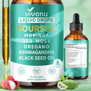 VivoNu 10-in-1 Soursop Drops bottle highlights a 3000mg herbal blend for immune support.