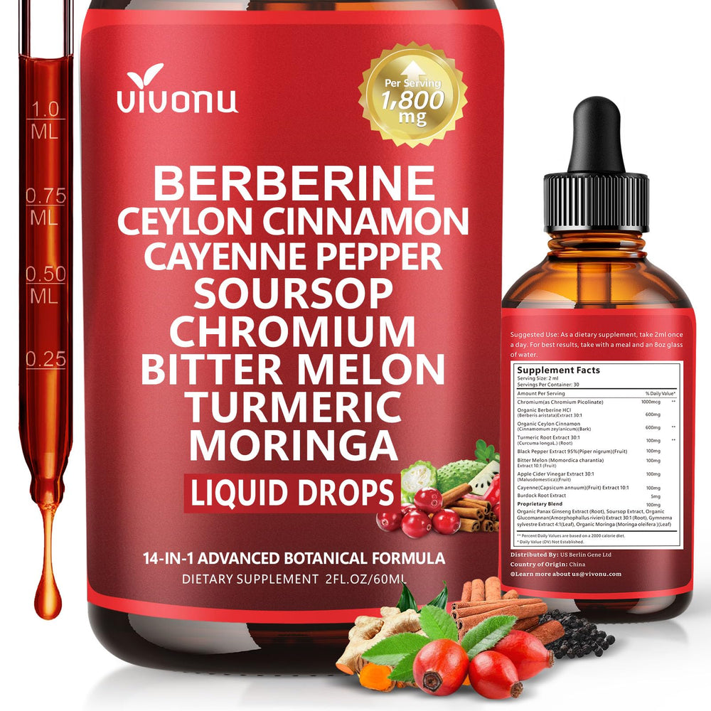 VivoNu berberine cinnamon liquid drops bottle for quick daily dosing.