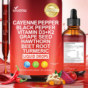 VivoNu Cayenne Drops bottle showing the 12-in-1 formula for daily wellness.