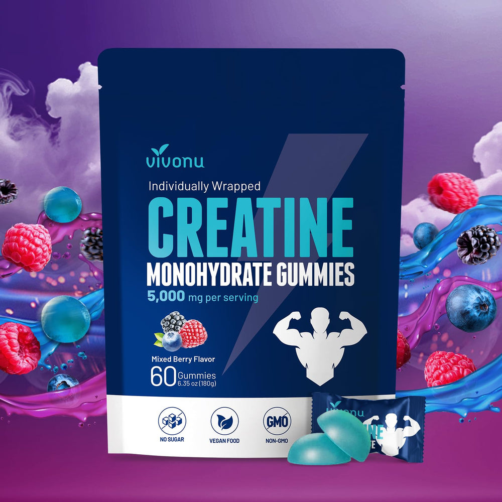VivoNu Creatine Gummies in a resealable pouch for on-the-go workouts.