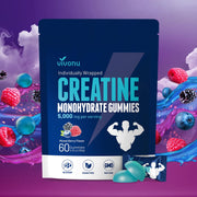 VivoNu Creatine Gummies in a resealable pouch for on-the-go workouts.