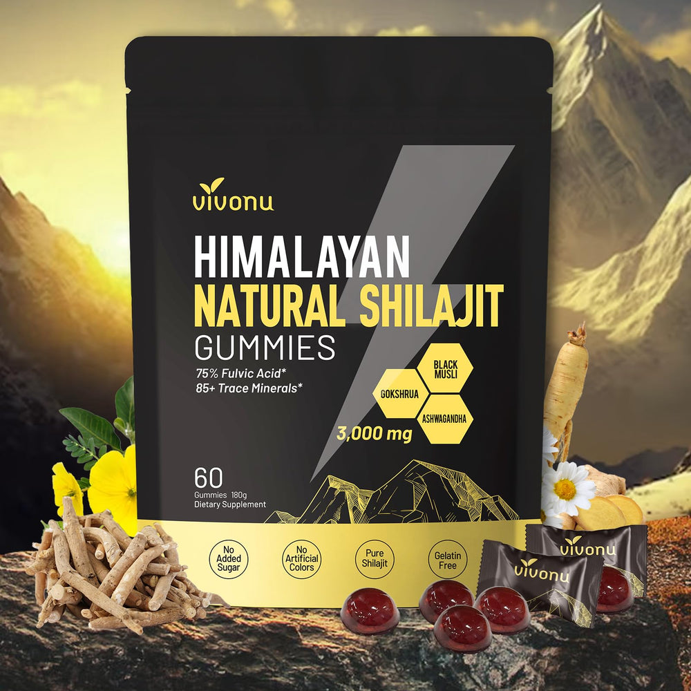 VivoNu Pure Himalayan Shilajit Gummies bottle on shelf for daily vitality.