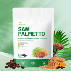 VivoNu Saw Palmetto Pumpkin Seed Oil capsules label shows 8-in-1 formula for daily wellness.