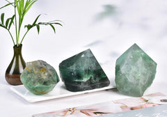 VIZYTOU Green Fluorite wand natural color variation, one-of-a-kind piece for collection.