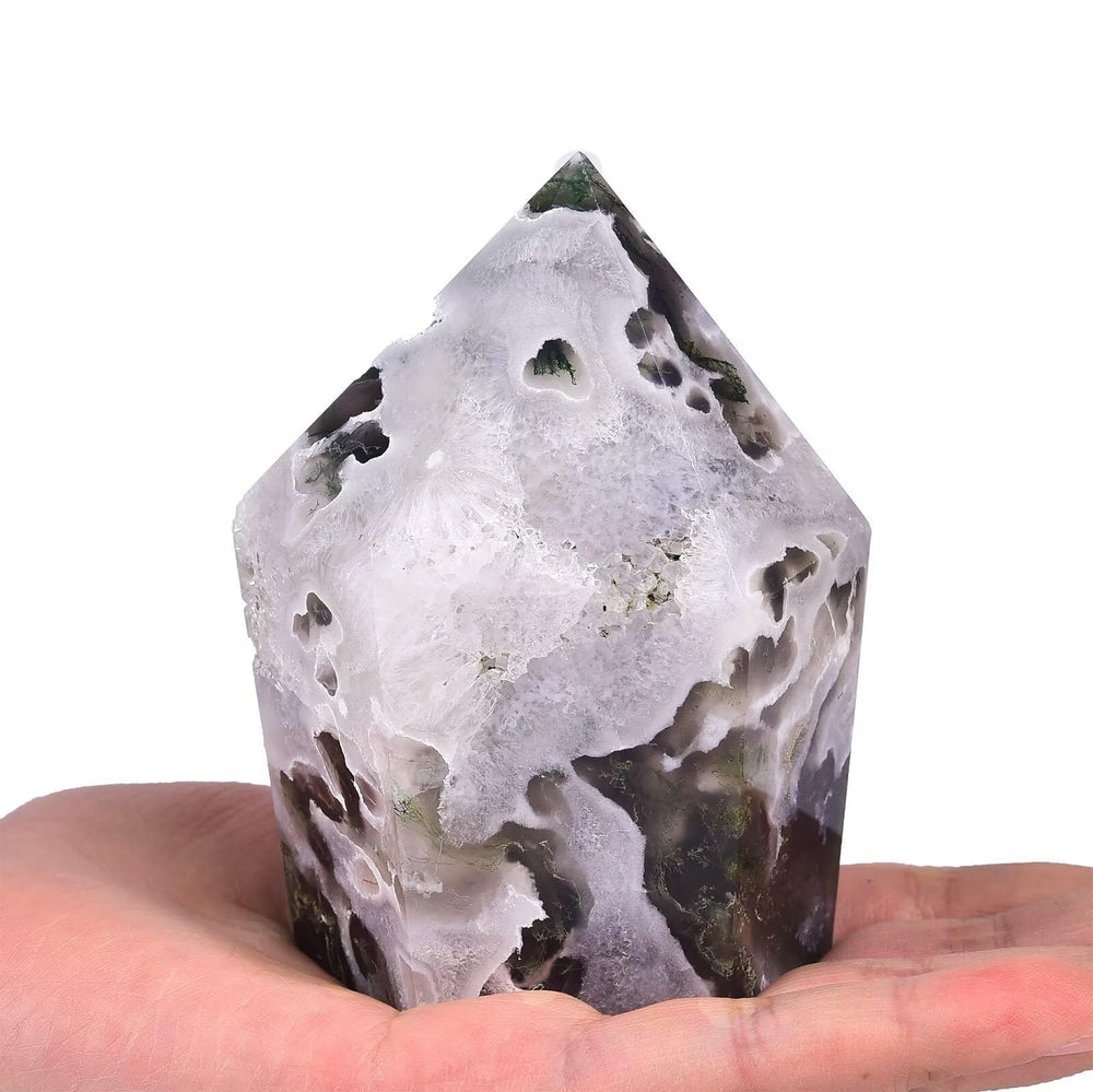 VIZYTOU moss agate tower obelisk front view for meditation and calm ambiance.