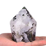 VIZYTOU moss agate tower obelisk front view for meditation and calm ambiance.