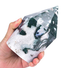 VIZYTOU moss agate obelisk side view highlights natural banding, ideal for decor.