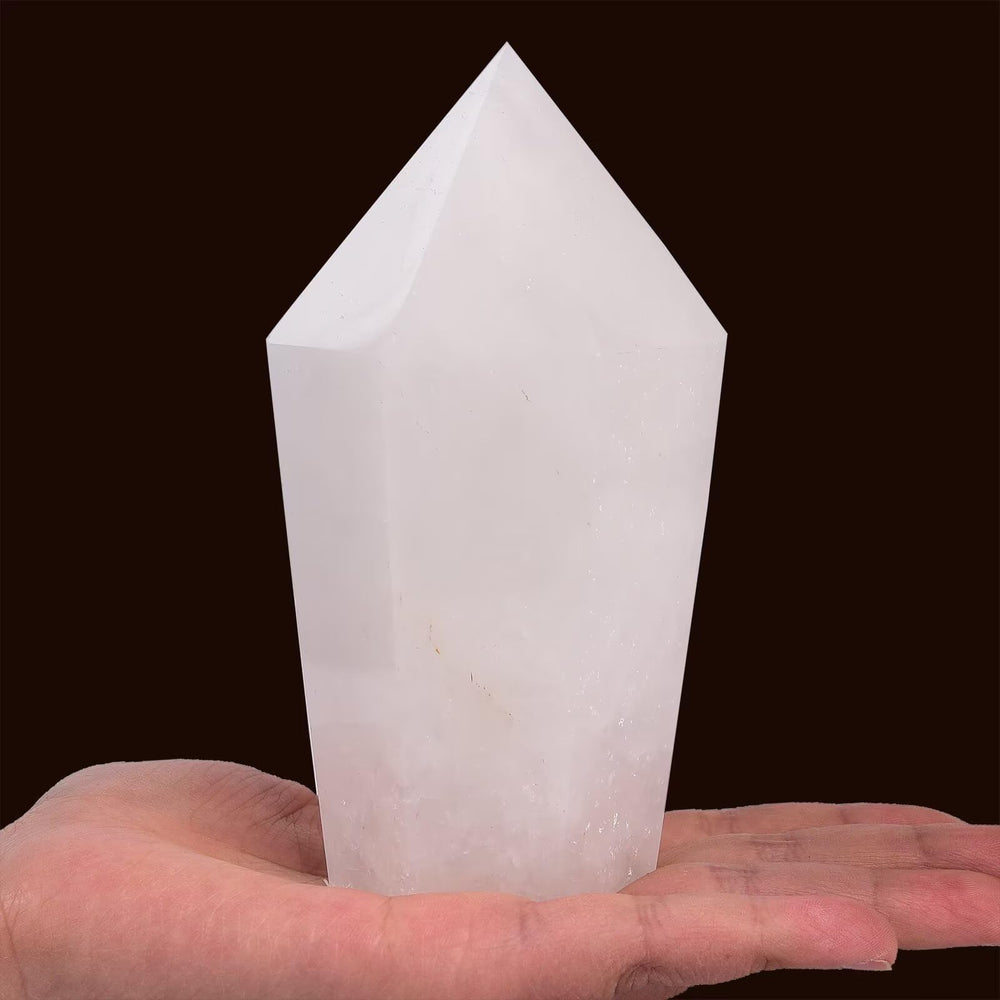 VIZYTOU White Crystal Stone Tower closeup highlights natural facets for meditation and decor.