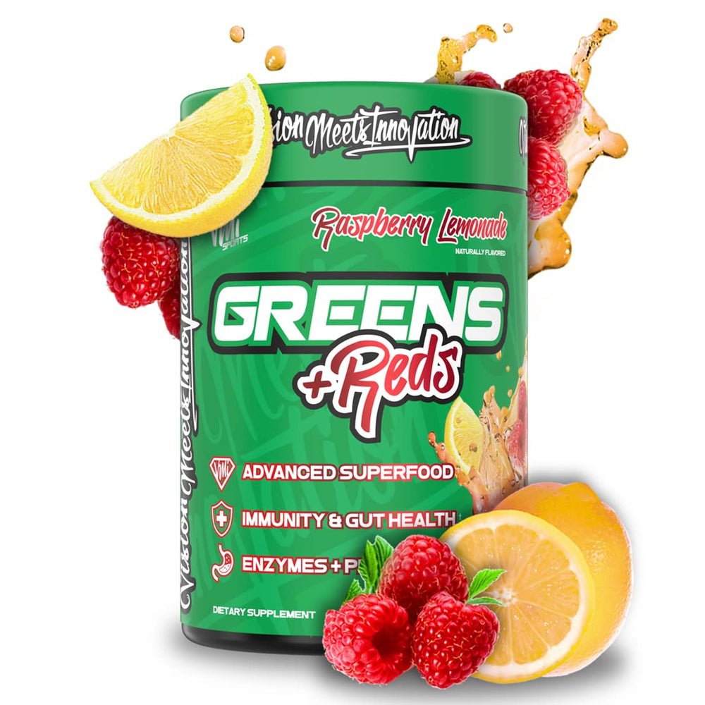 VMI Sports Greens + Reds advanced-formula image highlighting comprehensive daily nutrition.