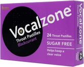 Vocalzone throat pastilles 24 blackcurrant pack shot for soothing vocal support.