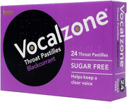 Vocalzone throat pastilles 24 blackcurrant pack shot for soothing vocal support.
