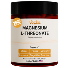 Vocks magnesium L-Threonate bottle label highlighting 2000 mg per serving for cognitive support.