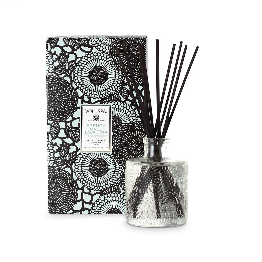 Voluspa French Cade & Lavender diffuser with embossed glass jar for long-lasting home scent