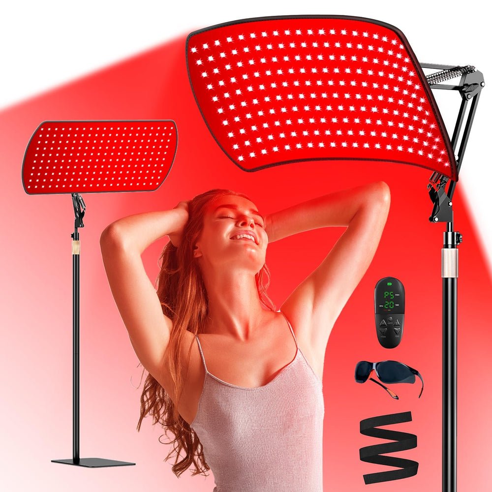 Vortro red light panel with stand for full-body coverage.