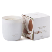 VOY scented candle Thai teakwood tobacco label closeup highlights premium notes and craftsmanship