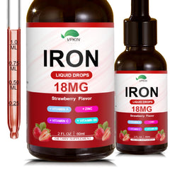 VPKIN liquid iron supplement bottle highlighting easy-to-absorb formula and strawberry flavor.