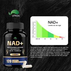 VPKIN NAD supplement bottle with label showcasing non-GMO and vegetarian-friendly formula.
